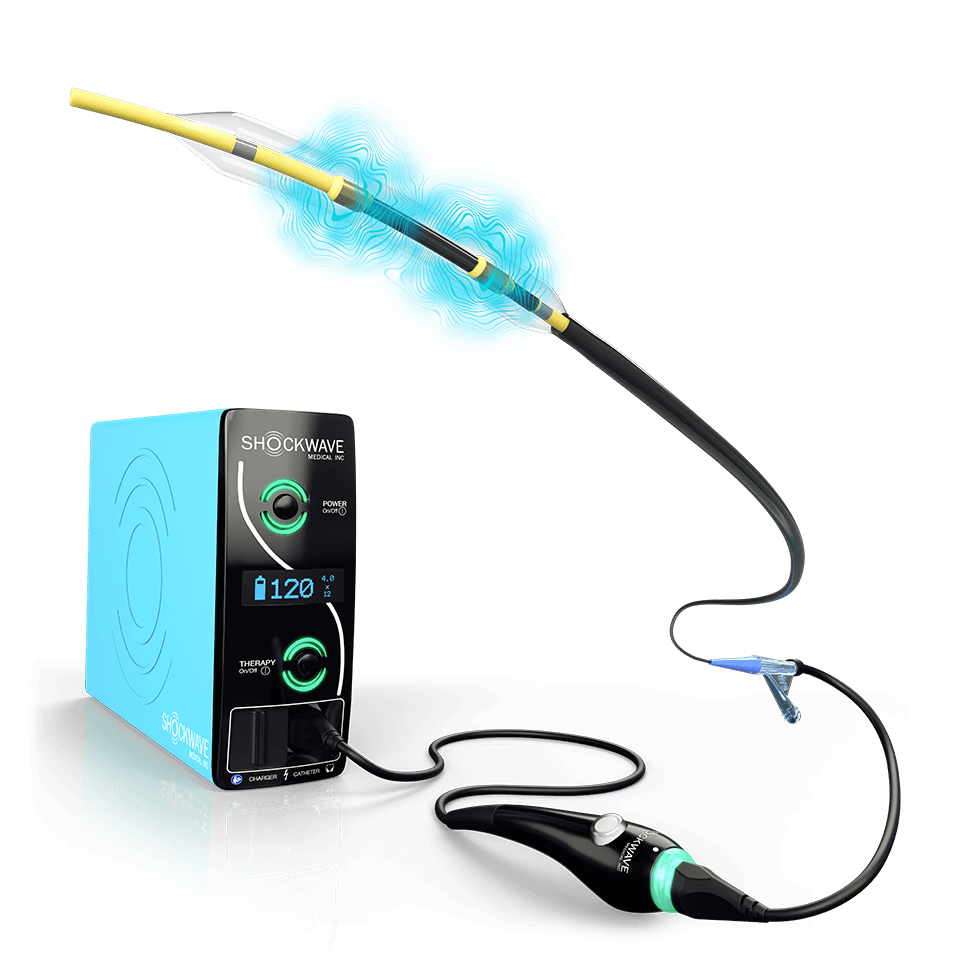 Shockwave C2+ device showing the generator, the connector cable, and the IVL catheter.