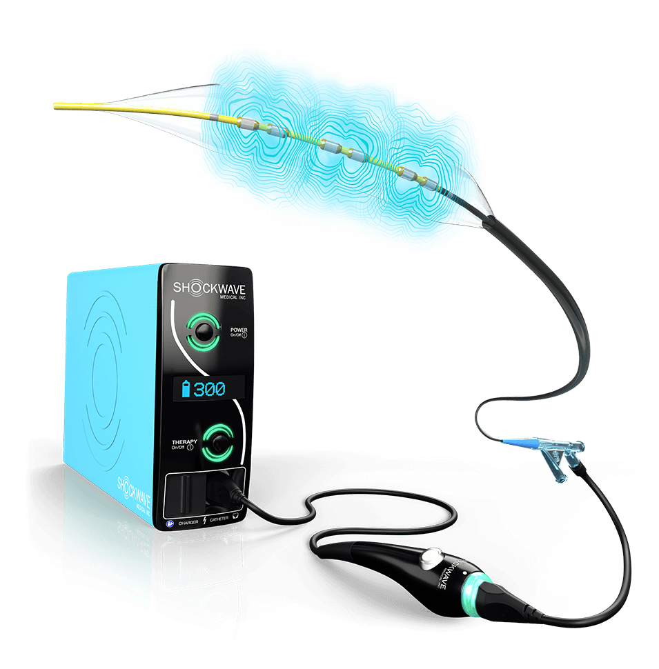 digital rendering of Shockwave L6 device and blue pulses from catheter