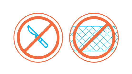 blue and orange icon of crossed out scalpel and crossed out wire mesh