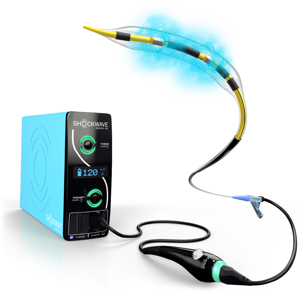 Hero image of the Shockwave generator and Shockwave C2 Aero Intravascular Lithotripsy catheter